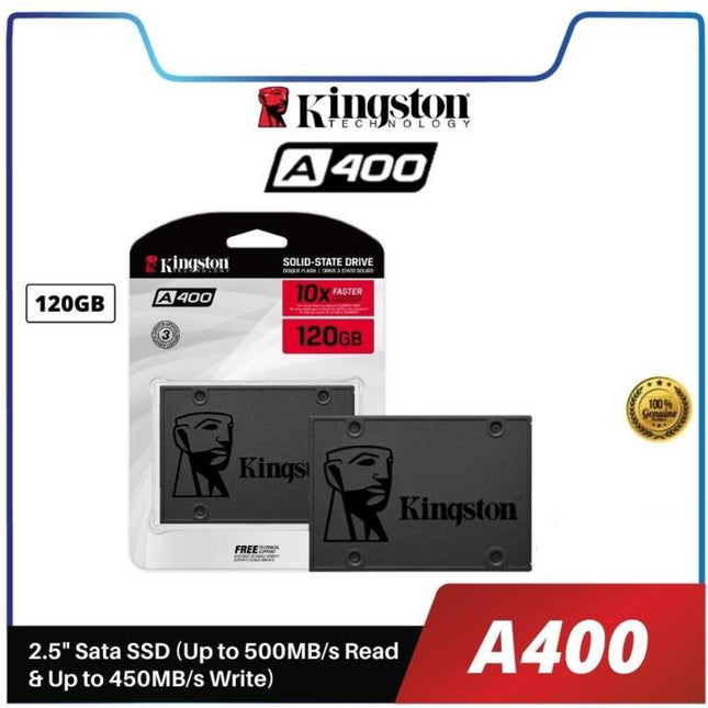 Kingston A400 solid-state drive packaging with product details.