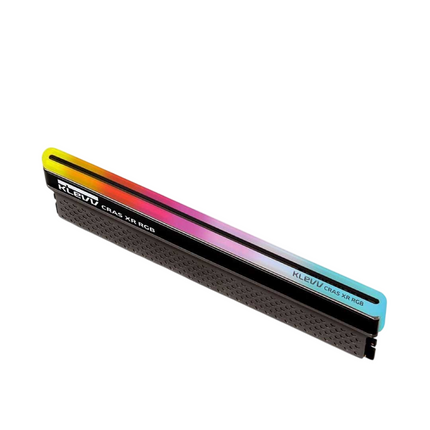 A single DDR4 RAM memory module from KLSWEt, featuring a black textured heatsink with a vibrant RGB LED light strip showing a yellow-to-blue gradient, set against a plain white background.