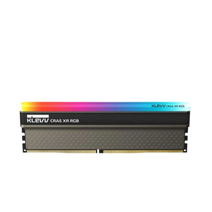 A single KLEVV CRAS XR RGB DDR4 RAM module with a black CPU heatsaver and a vibrant RGB light strip on top, shown against a plain white background.