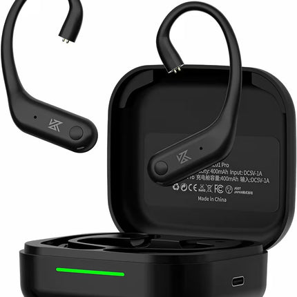 Black wireless earbuds with charging case on a white background
