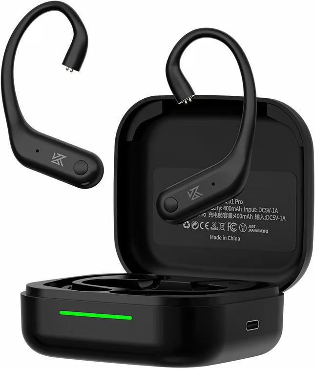 Black wireless earbuds with charging case on a white background