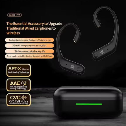 Black wireless earbuds with charging case on a dark background, featuring text about product features.