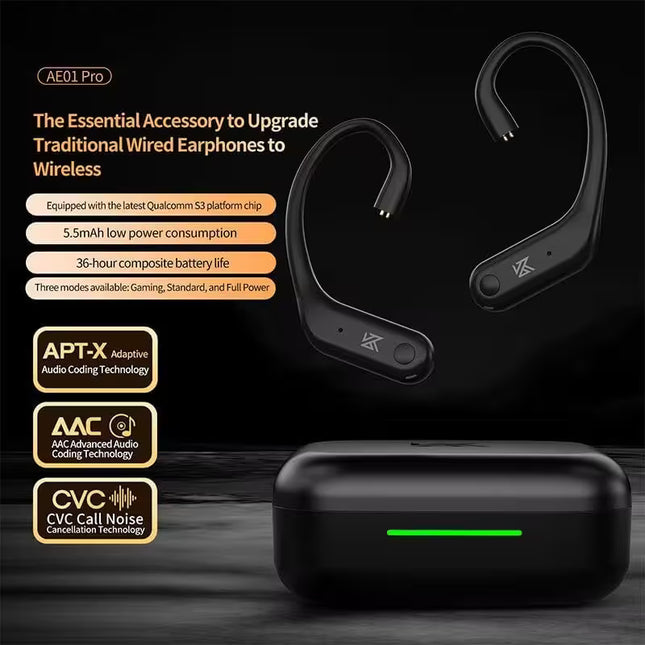 Black wireless earbuds with charging case on a dark background, featuring text about product features.