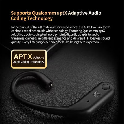 Black Bluetooth ear hook with Qualcomm aptX Adaptive Audio Coding Technology on a dark background