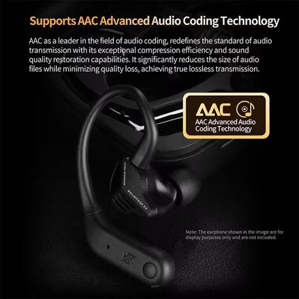 Black earbud with AAC Advanced Audio Coding Technology logo on a dark background