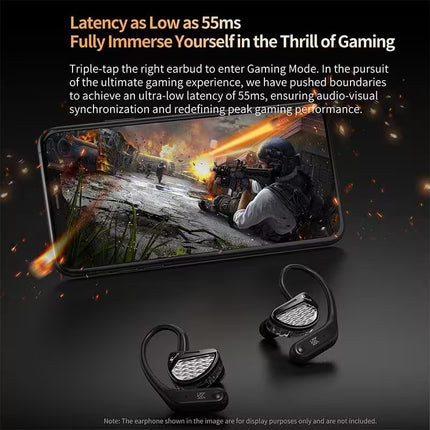 Gaming earbuds with smartphone displaying a game, emphasizing low latency and gaming mode feature.