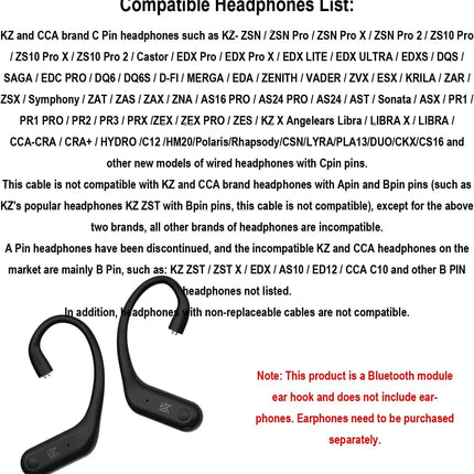Bluetooth module ear hook with compatibility list for headphones on a white background