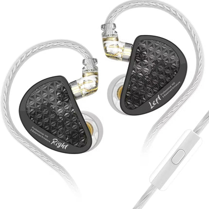Pair of in-ear headphones with black driver units and white cables on a white background