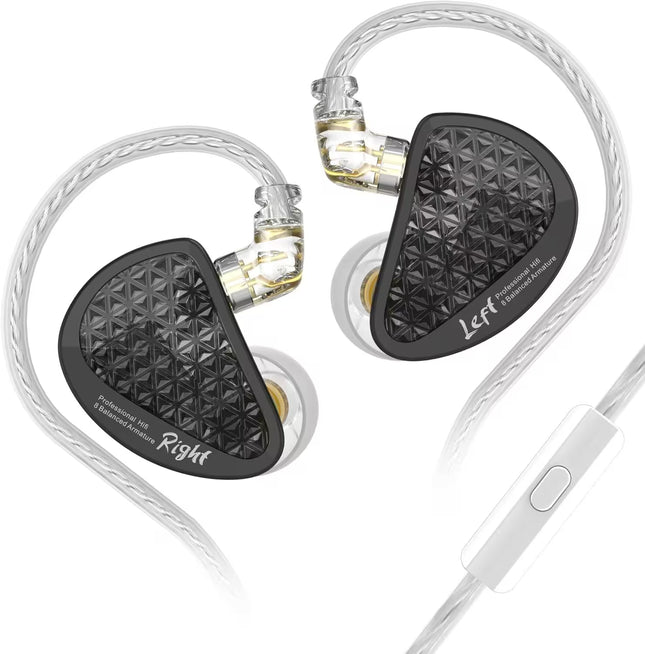 Pair of in-ear headphones with black driver units and white cables on a white background