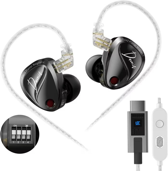 Pair of black in-ear headphones with a control unit on a white background
