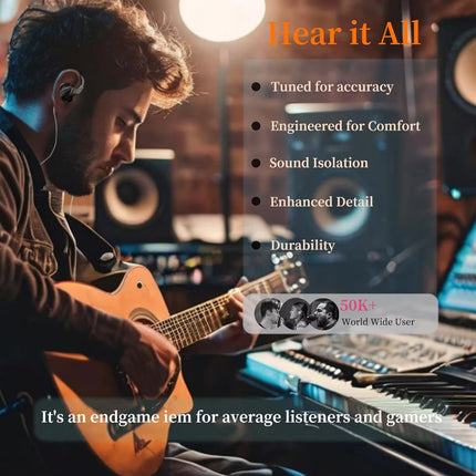 Person playing guitar with earphones in a music studio setting, featuring product features and user statistics.