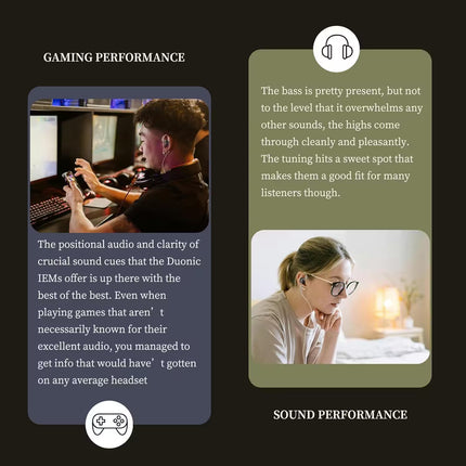 Two images showing gaming performance and sound performance with text and icons.