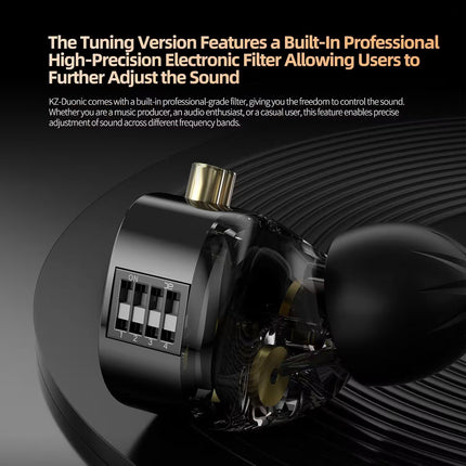 Close-up of a high-precision electronic filter with text about its features on a dark background.