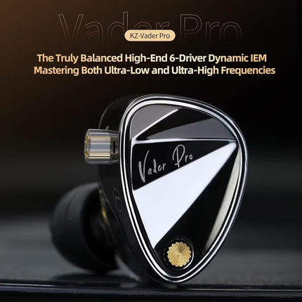 KZ Vader Pro earbud with text highlighting features on a dark background