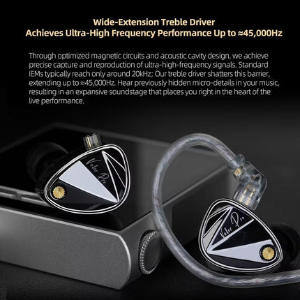 Close-up of high-fidelity earbud drivers with text about wide-extension treble driver performance.