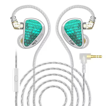 KZ AS16 Pro in-ear wired earphones with turquoise patterned earpieces, transparent silver cable, built-in microphone, and gold-plated 3.5 mm right-angle audio jack.