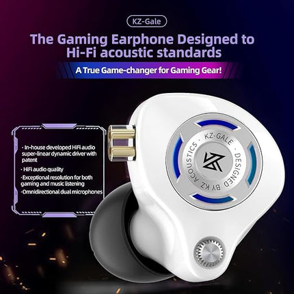 KZ-Gale gaming earphones, featuring a close-up of a single white and silver earbud. Text highlights its design to Hi-Fi acoustic standards and features like dynamic drivers and dual omnidirectional microphones.