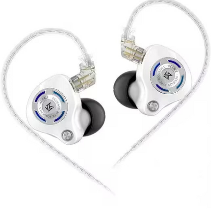 A pair of white and silver in-ear monitors with clear ear hooks, black ear tips, and a white inline remote control, shown on a solid white background.