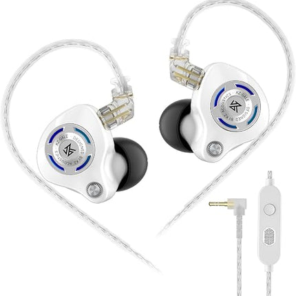 White KZ-Gale in-ear monitors with clear cables, featuring circular faceplates and a black eartip. An inline remote with a microphone and an L-shaped 3.5mm jack are shown to the side, against a white background.