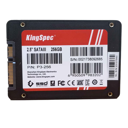 KingSpec 2.5" SATAIII 256GB solid state drive with a black casing and a red and white product label.