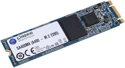 Front view of a Kingston A400 M.2 2280 SATA SSD with a blue PCB, white product label, visible controller chip, NAND flash memory, and M.2 edge connector against a white background.