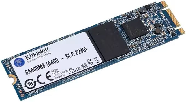 Front view of a Kingston A400 M.2 2280 SATA SSD with a blue PCB, white product label, visible controller chip, NAND flash memory, and M.2 edge connector against a white background.