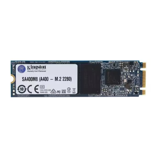 Angled view of a Kingston A400 M.2 2280 SATA SSD featuring a blue PCB, white product label, exposed controller and NAND chips, and gold M.2 connector pins against a white background.