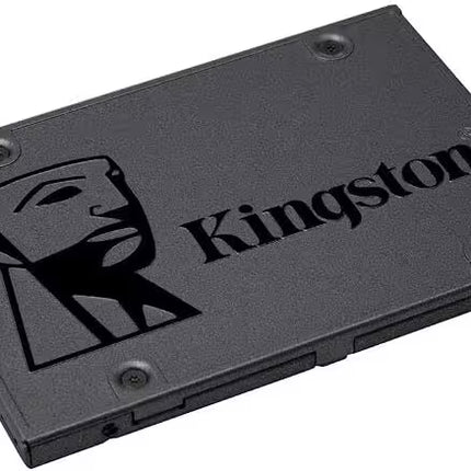 Kingston 2.5-inch SATA SSD with a black metal casing, featuring the Kingston logo embossed on the front, shown at an angled view on a white background.