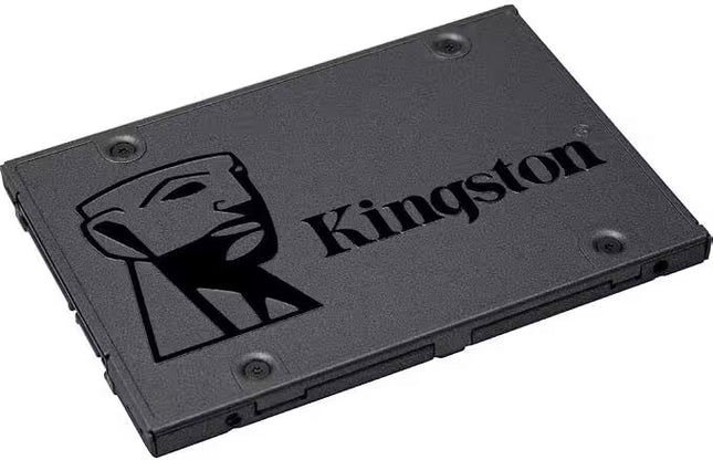 Kingston 2.5-inch SATA SSD with a black metal casing, featuring the Kingston logo embossed on the front, shown at an angled view on a white background.
