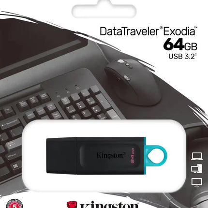Kingston DataTraveler Exodia 64GB USB 3.2 flash drive with a laptop and mouse in the background