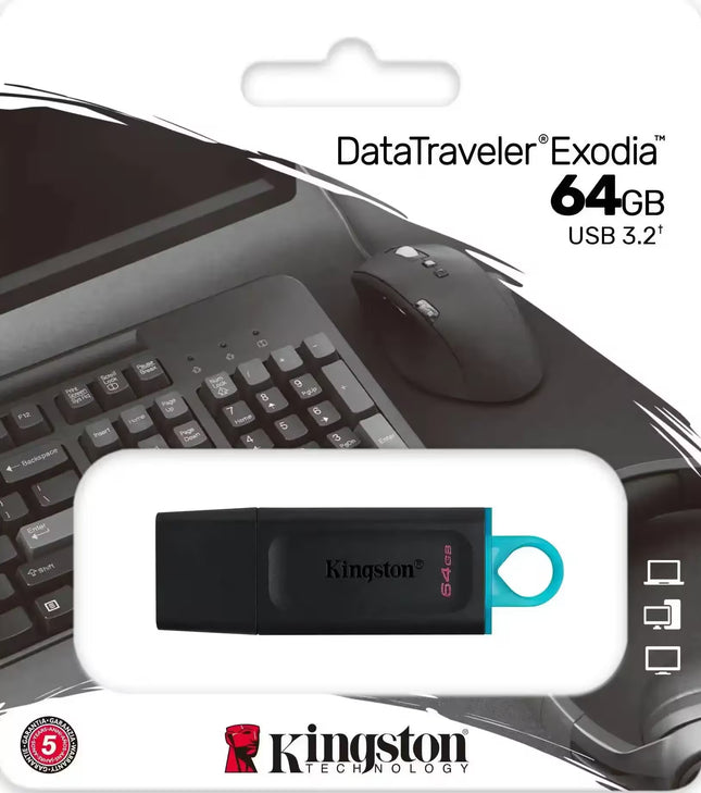 Kingston DataTraveler Exodia 64GB USB 3.2 flash drive with a laptop and mouse in the background
