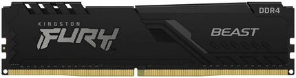 Front view of the Kingston Fury Beast 16GB DDR4 3200MHz CL16 desktop memory module, featuring a matte black aluminum heat spreader with an angular design, Kingston Fury and Beast branding, DDR4 label, and gold-plated connector pins on a white background.