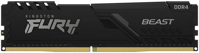 Front view of the Kingston Fury Beast 16GB DDR4 3200MHz CL16 desktop memory module, featuring a matte black aluminum heat spreader with an angular design, Kingston Fury and Beast branding, DDR4 label, and gold-plated connector pins on a white background.