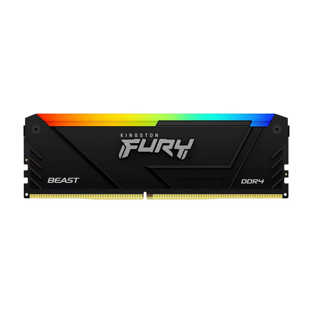Front view of a Kingston FURY Beast DDR4 RGB desktop RAM module featuring a black aluminum heat spreader, RGB light bar, gold-plated contacts, and Kingston FURY branding on a white background.