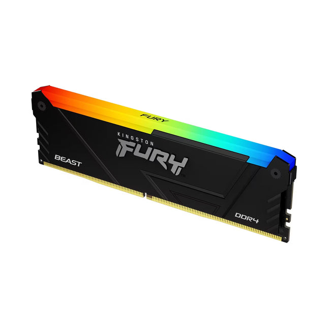 Angled view of a Kingston FURY Beast DDR4 RGB desktop memory module with a black heat spreader, full-length RGB lighting strip, gold edge connector, and Kingston FURY branding on a white background.