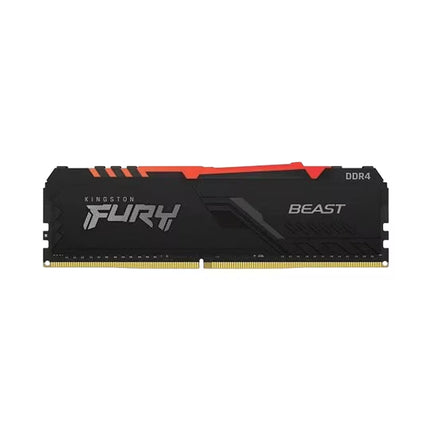 A Kingston Fury Beast DDR4 RAM module with a black heat spreader featuring orange accents and silver branding, shown against a plain white background.