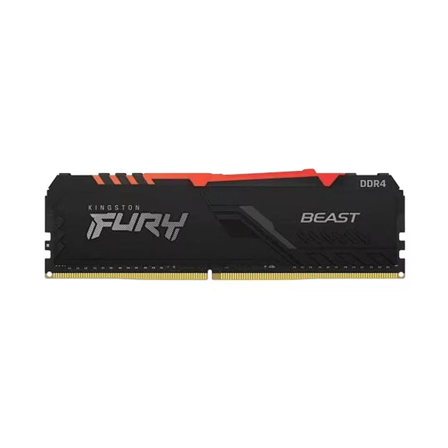 A Kingston Fury Beast DDR4 RAM module with a black heat spreader featuring orange accents and silver branding, shown against a plain white background.