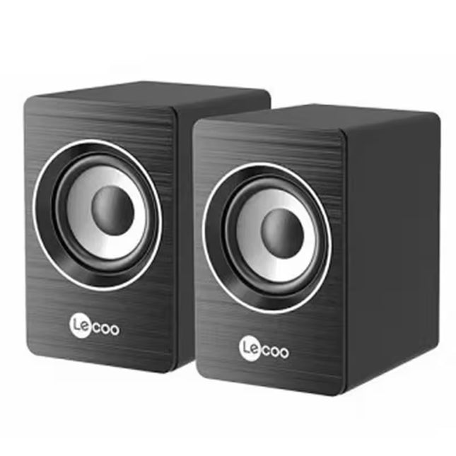 Pair of black speakers with Lecoo branding on a white background