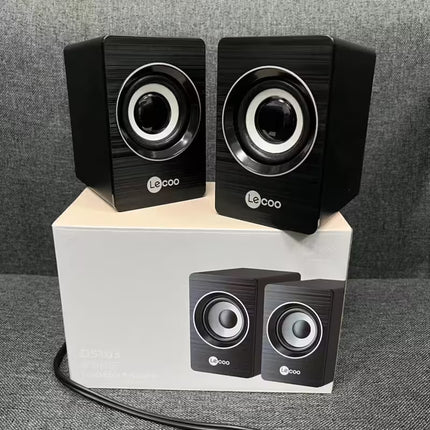 Black speakers on a white box with 'Lecoo' branding against a gray background