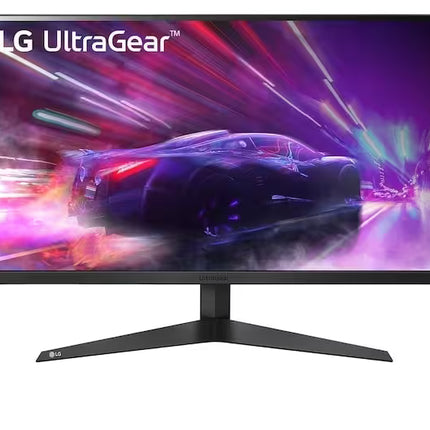 LG UltraGear monitor with a dynamic car graphic on the screen