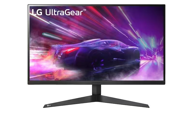 LG UltraGear monitor with a dynamic car graphic on the screen