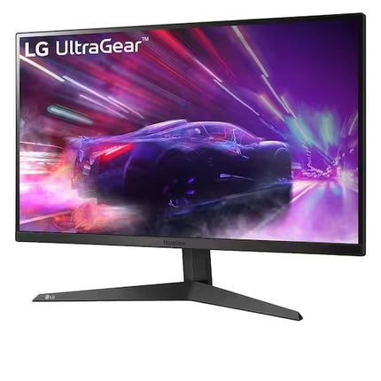 LG UltraGear monitor displaying a car in a dynamic scene on a white background