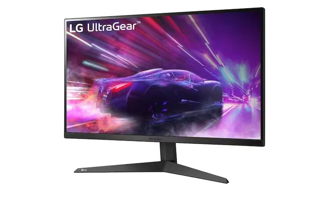 LG UltraGear monitor displaying a car in a dynamic scene on a white background