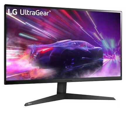 LG UltraGear monitor with a racing game on the screen against a white background