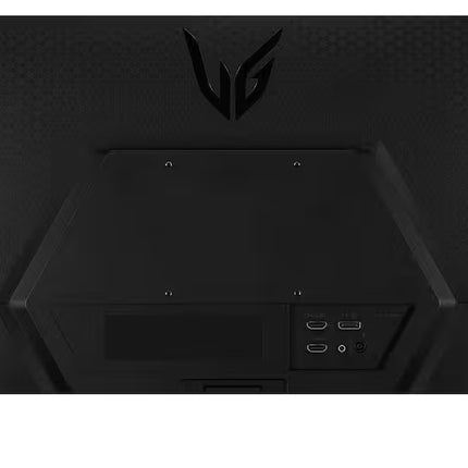 Back view of a black electronic device with a brand logo on a white background