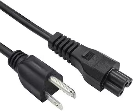 Black universal AC power cable with a three-prong wall plug on one end and a three-pin IEC C5 (cloverleaf/Mickey Mouse) connector on the other. Multiple views show the connectors and the full cable coiled on a white background.