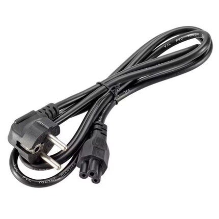 Black universal AC power cable with a three-prong wall plug on one end and a three-pin IEC C5 (cloverleaf/Mickey Mouse) connector on the other. Multiple views show the connectors and the full cable coiled on a white background.
