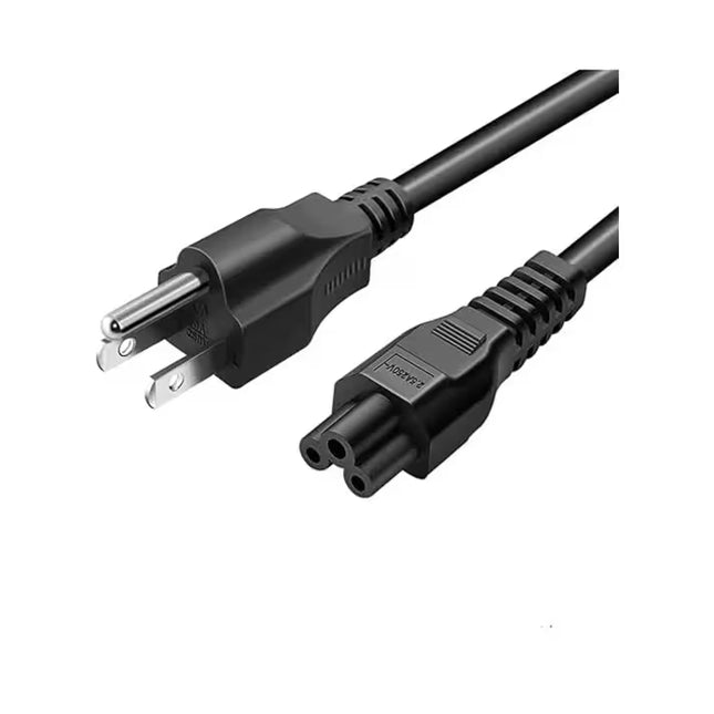 Black universal AC power cable with a three-prong wall plug on one end and a three-pin IEC C5 (cloverleaf/Mickey Mouse) connector on the other. Multiple views show the connectors and the full cable coiled on a white background.