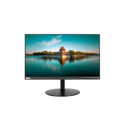 ThinkVision all-in-one desktop computer with a black stand and bezel, displaying a scenic lake and temple screen image, on a solid white background.