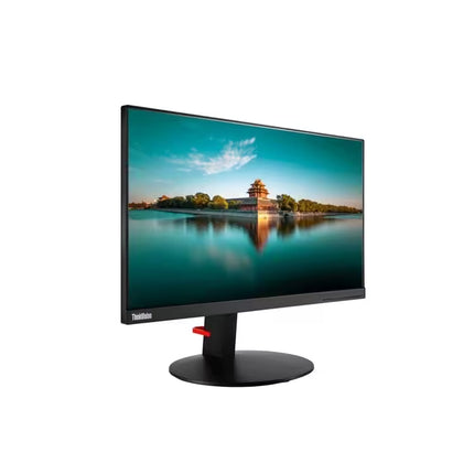 ThinkVision all-in-one desktop computer with a black frame and stand, featuring a colorful landscape screen wallpaper, on a solid white background.